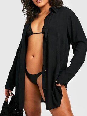 Boohoo Crinkled Rayon Beach Button Down Shirt